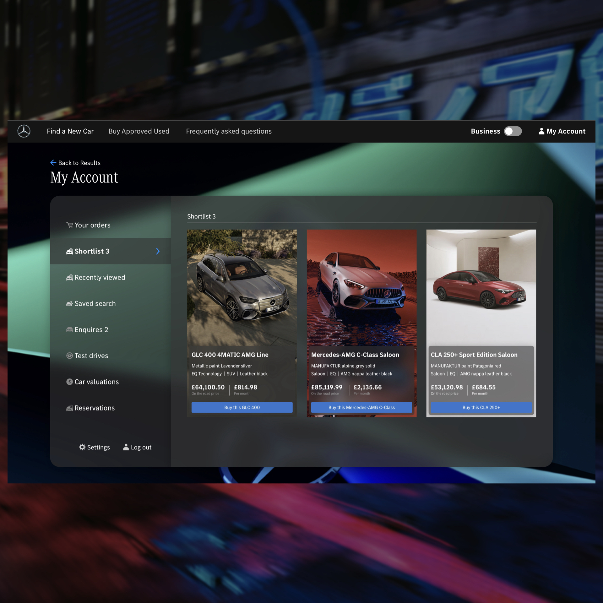 Online Showroom My Account page